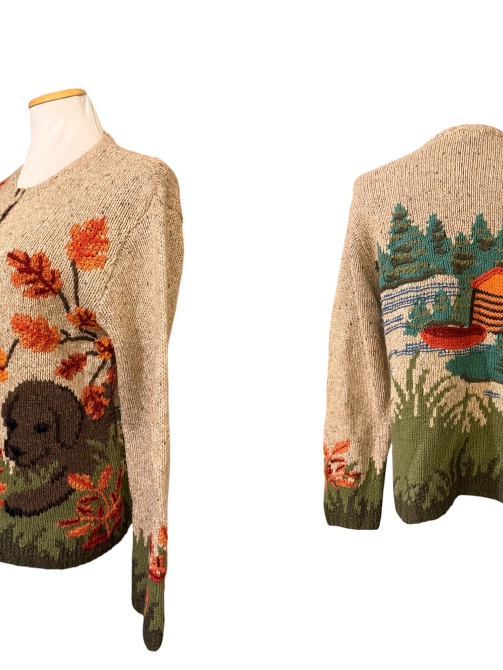 Northern Isles Cozy Scenic Embroidered Wool-Blend Cardigan Sweater - Dog/cabin - Picture 2 of 10